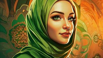 un' avvicinamento musulmano donne indossare un' verde hijab Ramadan kareem. creare ai foto