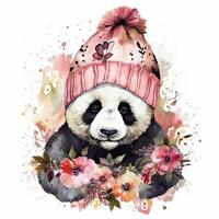 acquerello panda nel cappello con fiori. illustrazione ai generativo foto