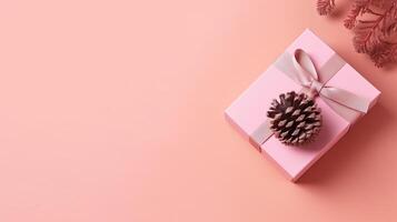 rosa regalo scatola con pigne. illustrazione ai generativo foto
