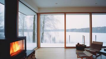 lago Casa nel inverno. illustrazione ai generativo foto