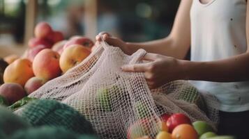 un' donna sceglie frutta e verdure a un' agricoltori' mercato. illustrazione ai generativo foto