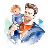 Il padre di giorno. padre con bambino acquerello. illustrazione ai generativo foto