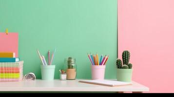 bambini scrivania creativo spazio di lavoro con scuola forniture, cactus illustrazione ai generativo foto