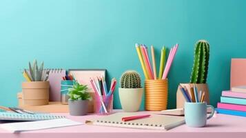 bambini scrivania creativo spazio di lavoro con scuola forniture, cactus illustrazione ai generativo foto