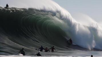 surfers e grande onde. illustrazione ai generativo foto