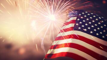Stati Uniti d'America vacanza sfondo con bandiera e fuochi d'artificio. illustrazione ai generativo foto