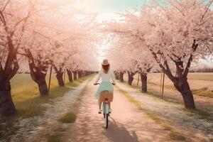 ragazza cavalcate bicicletta nel sakura parco. illustrazione ai generativo foto