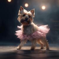 yorkshire terrier cane nel un' leggero rosa balletto gonna è danza piace un' ballerina,, illustrazione ai generativo foto