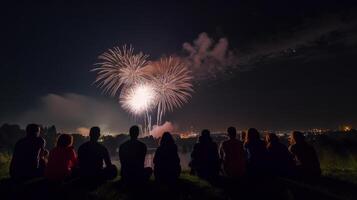 gruppo di persone Guardando fuochi d'artificio. illustrazione ai generativo foto