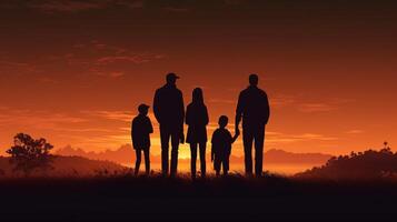 silhouette di famiglia a tramonto. concetto di contento padre giorno, generativo ai foto