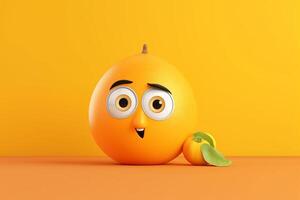 divertente Mango personaggio su arancia sfondo. 3d rendere illustrazione. generativo ai foto