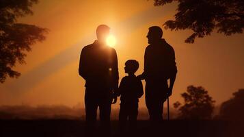 silhouette di famiglia a tramonto. concetto di contento padre giorno, generativo ai foto