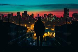 silhouette di un' uomo guardare a il città a notte. generativo ai foto