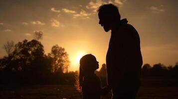 silhouette di famiglia a tramonto. concetto di contento padre giorno, generativo ai foto