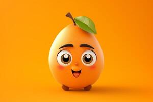 divertente Mango personaggio su arancia sfondo. 3d rendere illustrazione. generativo ai foto