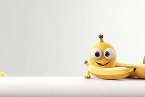 divertente Banana personaggio con grande occhi su isolato sfondo. 3d illustrazione generativo ai foto