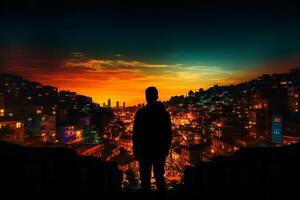 silhouette di un' uomo guardare a il città a notte. generativo ai foto