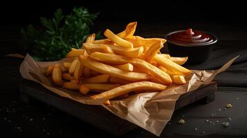 francese patatine fritte su cottura al forno carta Il prossimo per erbe aromatiche e ketchup. generato ai. foto