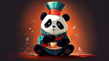 cartone animato stile panda nel un' tradizionale Cinese cappello potabile tè. generato ai. foto
