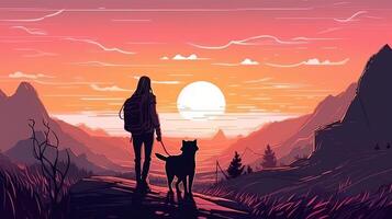 ragazza con zaino e il cane fissando a tramonto nel un' cartone animato stile. generato ai. foto