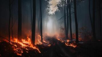 Visualizza su un' foresta strada nel fuoco e alberi nel Fumo. generato ai. foto