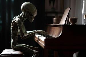 brutto e pauroso guardare extraterrestre alieno giocando un' pianoforte. ai generato foto