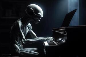 brutto e pauroso guardare extraterrestre alieno giocando un' pianoforte. ai generato foto