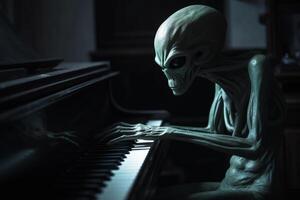 brutto e pauroso guardare extraterrestre alieno giocando un' pianoforte. ai generato foto