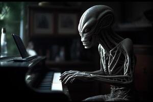 brutto e pauroso guardare extraterrestre alieno giocando un' pianoforte. ai generato foto