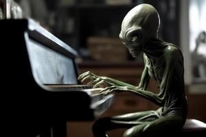 brutto e pauroso guardare extraterrestre alieno giocando un' pianoforte. ai generato foto