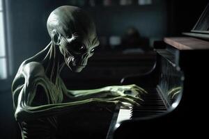 brutto e pauroso guardare extraterrestre alieno giocando un' pianoforte. ai generato foto