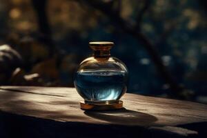 un' bottiglia di blu profumo nel un all'aperto ambientazione seduta su un' Di legno. ai generato foto