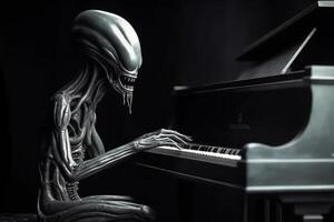 brutto e pauroso guardare extraterrestre alieno giocando un' pianoforte. ai generato foto