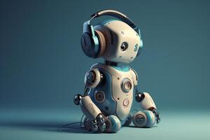 piccolo futuristico ai robot ascoltando per musica cuffia. ai generato foto