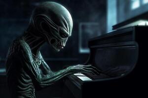 brutto e pauroso guardare extraterrestre alieno giocando un' pianoforte. ai generato foto