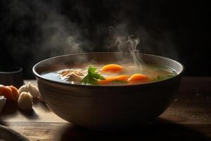 caldo delizioso pollo la minestra Prodotto fotografia con naturale illuminazione. ai generato foto