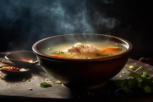 caldo delizioso pollo la minestra Prodotto fotografia con naturale illuminazione. ai generato foto