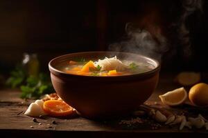 caldo delizioso pollo la minestra Prodotto fotografia con naturale illuminazione. ai generato foto