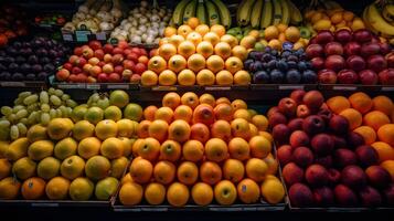 un' collezione di frutta su un' supermercato mensola ,fresco frutta prodotti nel il centro commerciale ,generativo ai foto