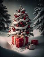 Natale albero nel neve sfondo con mucchio di i regali scatola generativo ai foto