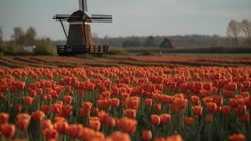 mulino a vento nel il tulipano fiore giardino ,generativo ai foto