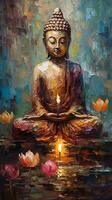 olio pittura di Budda statua con loto fiore e candela ornamento ,generativo ai foto