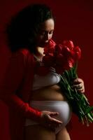 incinta donna, in attesa madre annusando un' mazzo di rosso tulipani, delicatamente accarezzando sua gonfiarsi, su isolato sfondo foto