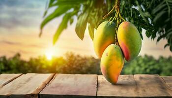 Mango frutta sospeso su un' albero con un' rustico di legno tavolo foto