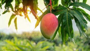 Mango frutta sospeso su un' albero con un' rustico di legno tavolo foto