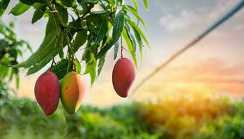 Mango frutta sospeso su un' albero con un' rustico di legno tavolo foto