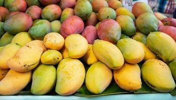 Mango frutta sospeso su un' albero con un' rustico di legno tavolo foto