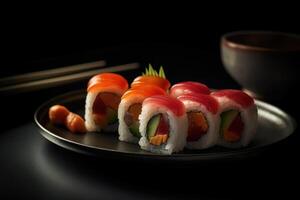 macro cibo fotografia. piatto di Sushi rotoli. ai generato foto