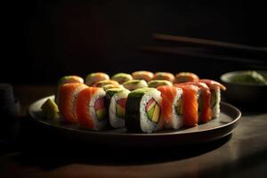 macro cibo fotografia. piatto di Sushi rotoli. ai generato foto