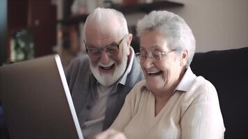 contento anziano coppia utilizzando il computer portatile computer a casa ai generato foto
